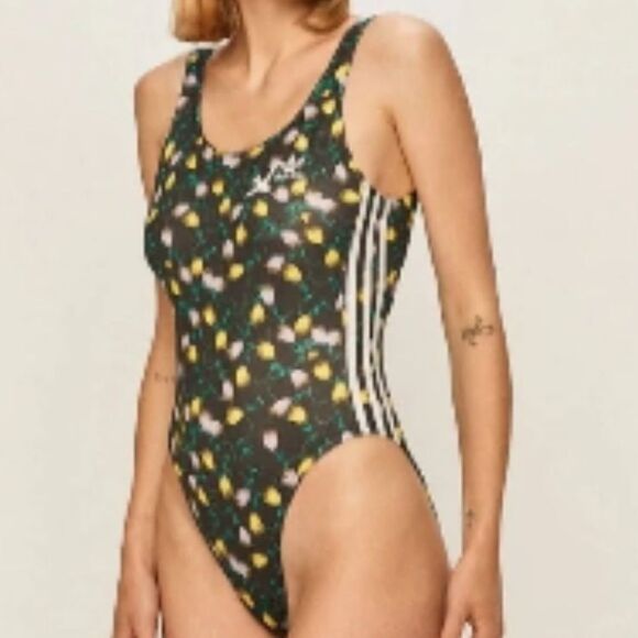 NWT Adidas AOP stretchy tulip print black racing stripes swim suit Medium M - Picture 13 of 14